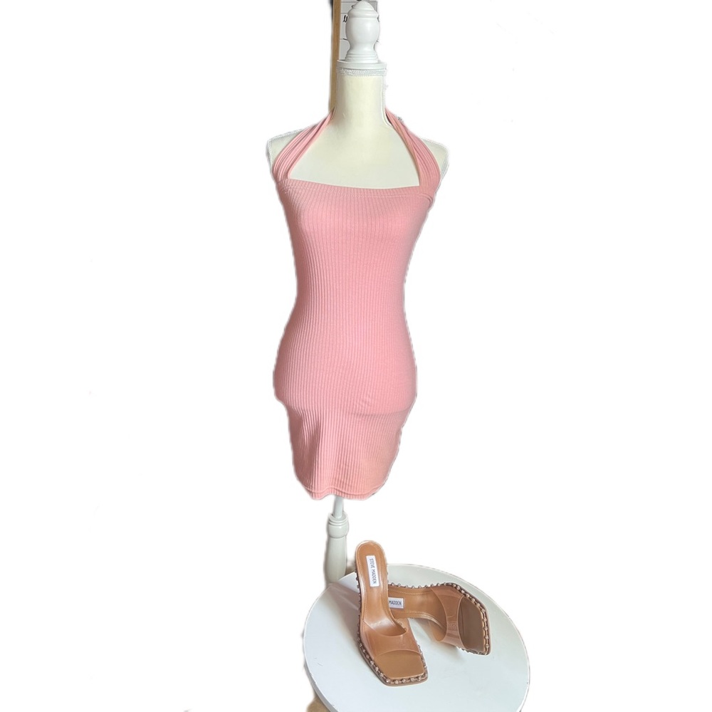 Pink Halterneck Ribbed Bodycon Dress